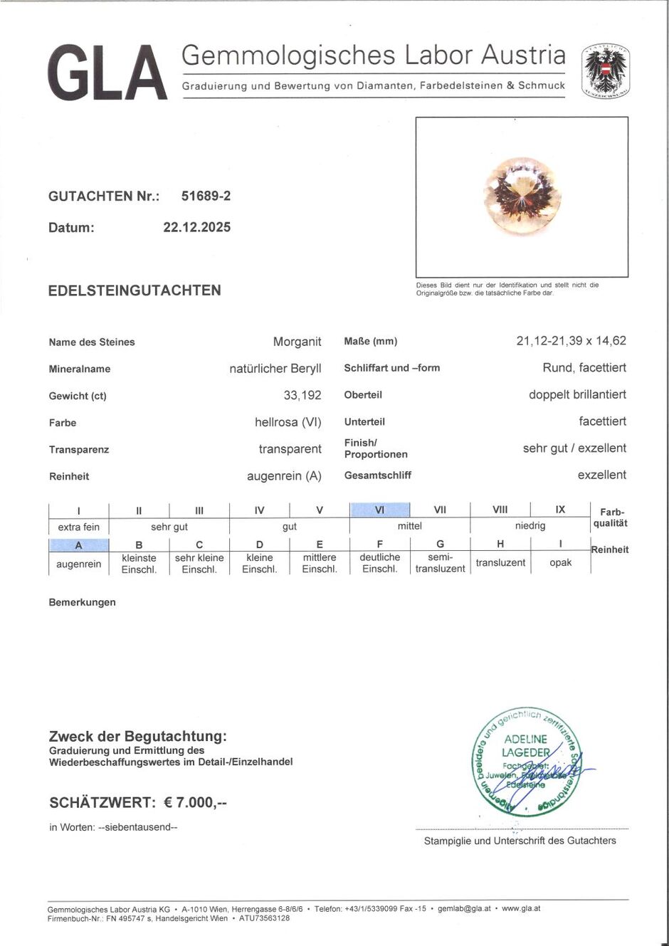 Gutachten zu Morganite Beryll round light pink 33.19 ct