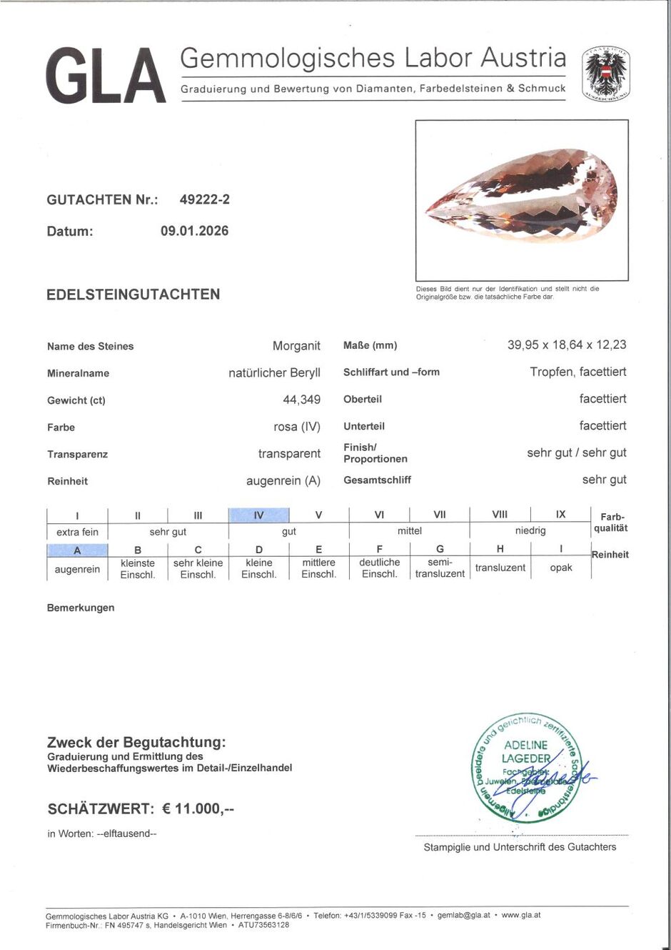 Gutachten zu Morganit Tropfen 44,34 ct