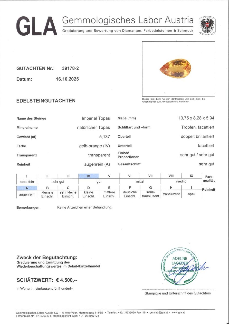 Gutachten zu imperial Topaz pear yellow orange untreated 5.13 ct.