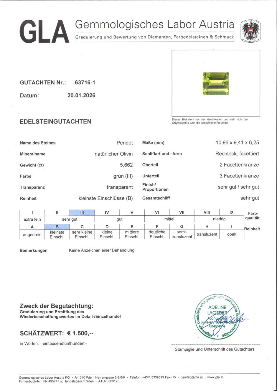 Gutachten zu Peridot Rechteck intensives Grün 5,66 ct.