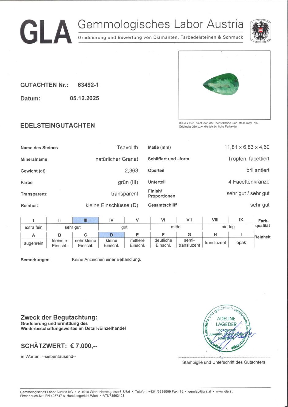 Gutachten zu Tsavorit Granat Tropfen intensives Grün 2,36 ct.