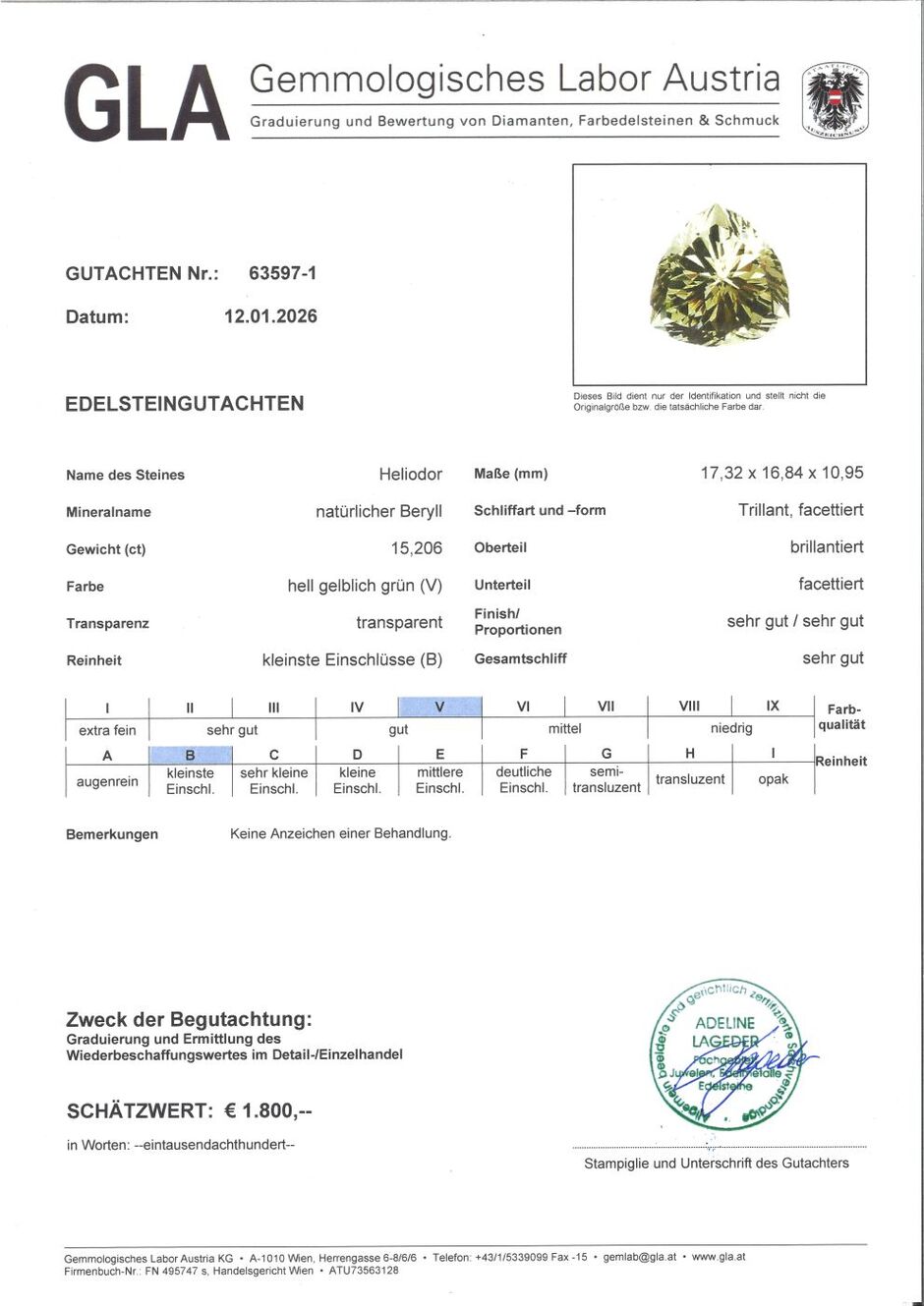 Gutachten zu Heliodor Beryll Trillion helles Gelbgrün 15,20 ct.