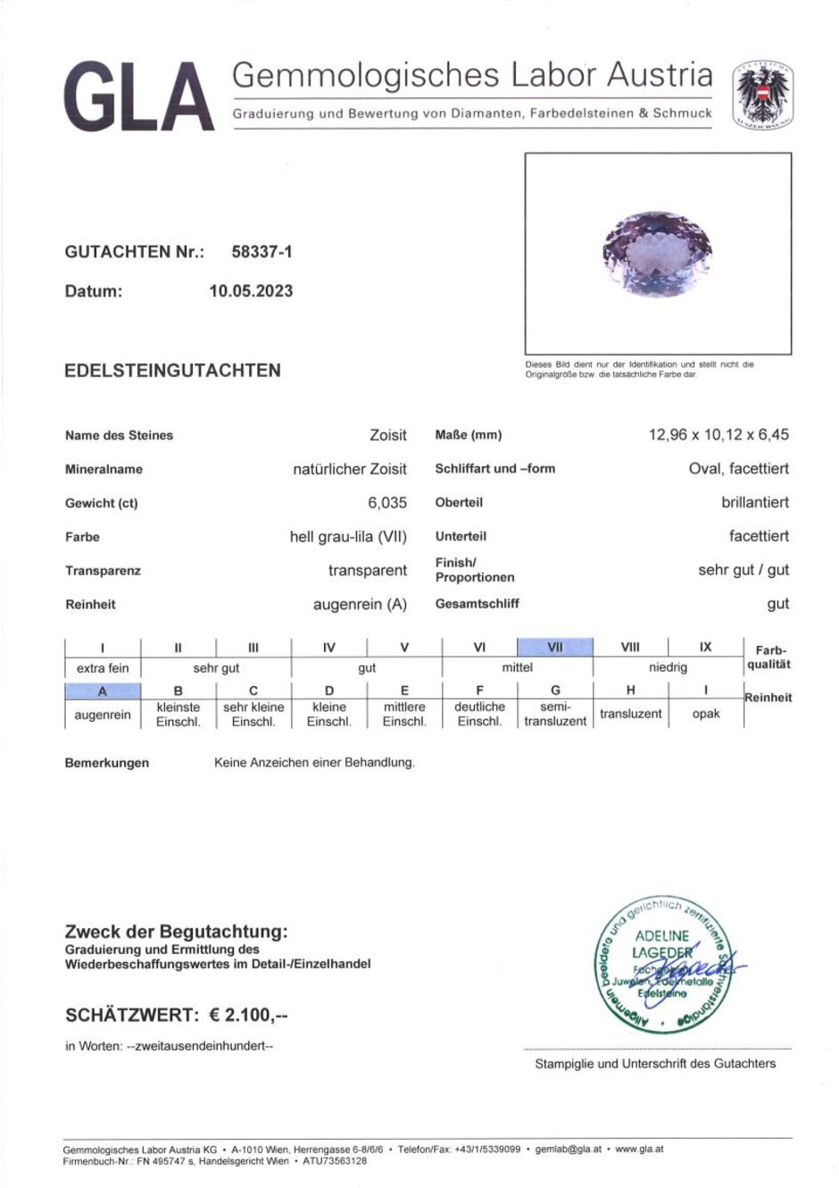 Gutachten zu Zoisite oval gräulich-lila untreated 6.03 ct.