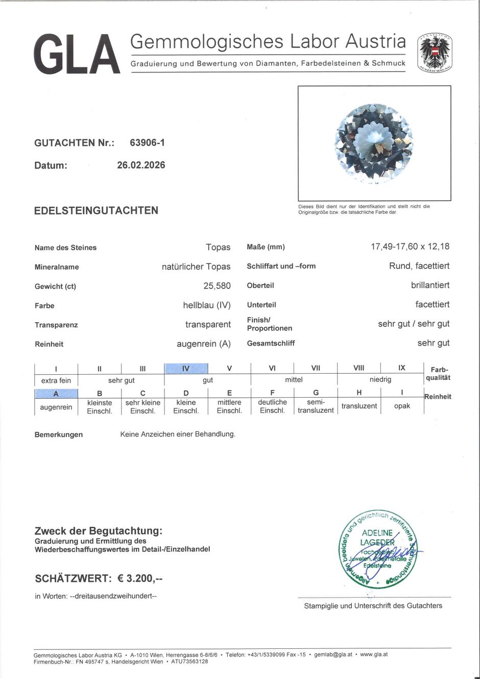 Gutachten zu Topas rund hellblau 25,58 ct