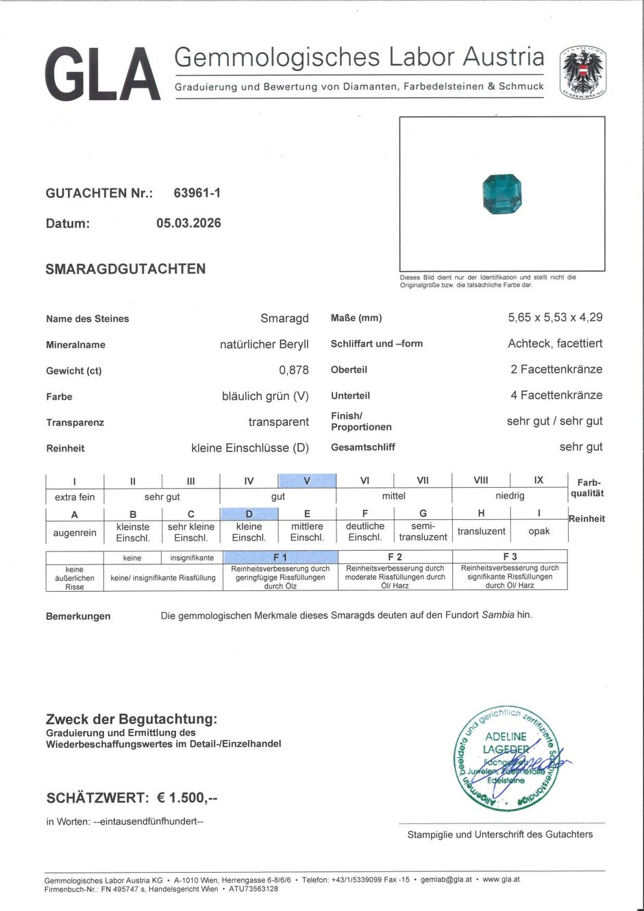Gutachten zu Emerald octagon green 0.87 ct.
