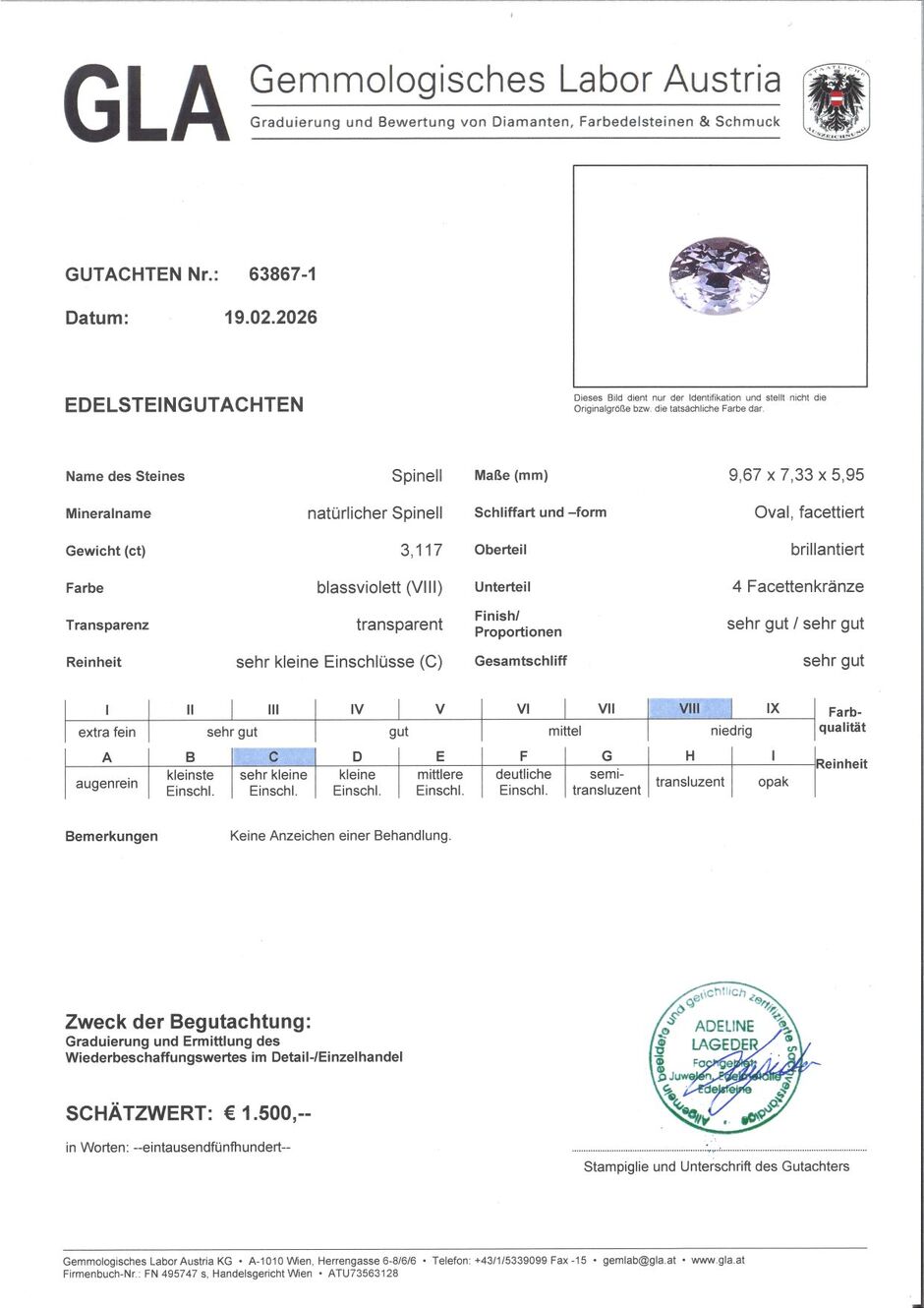 Gutachten zu Spinel oval grayish lilac untreated 3.11 ct