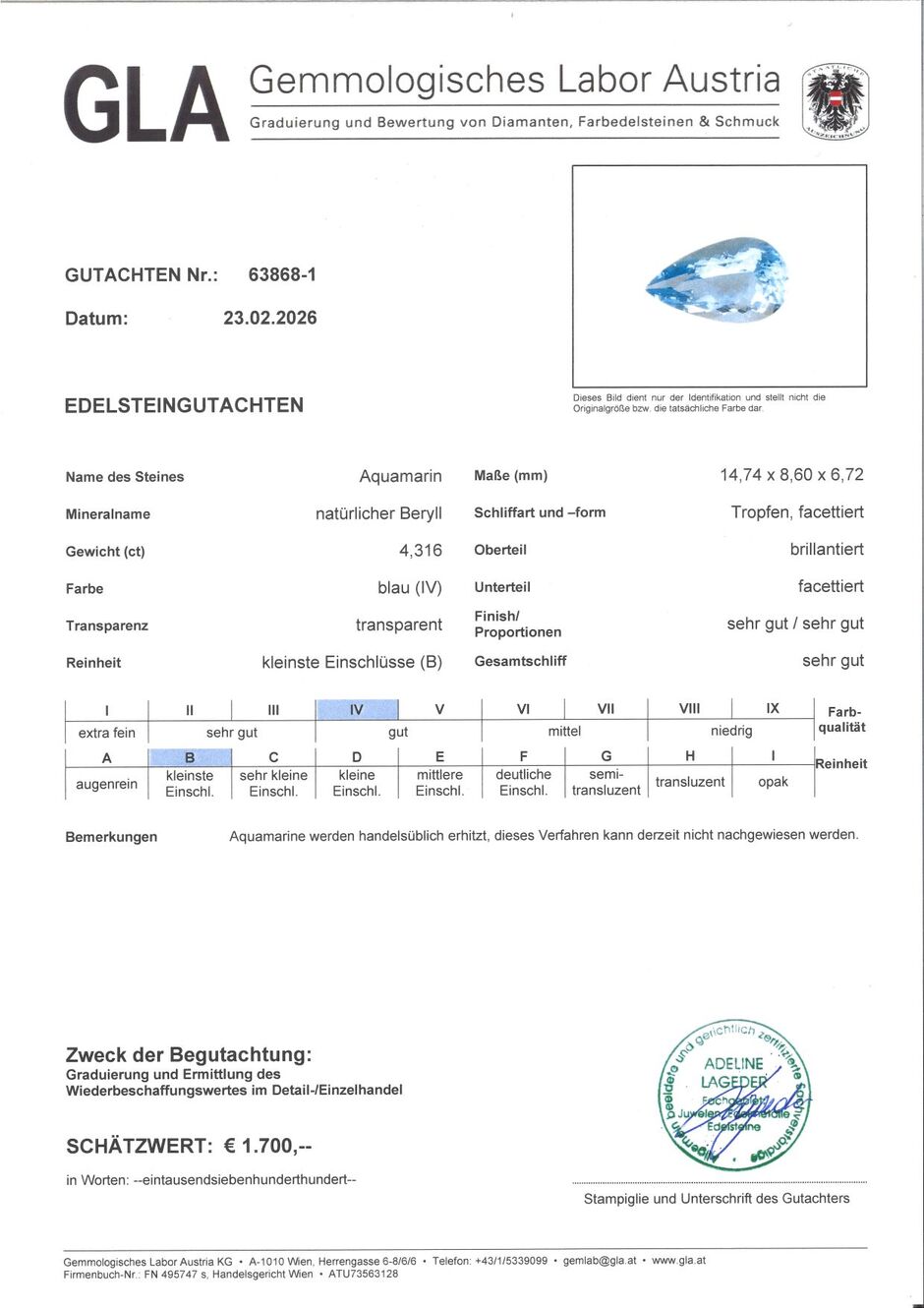 Gutachten zu Aquamarin Tropfen hellblau 4,31 ct.
