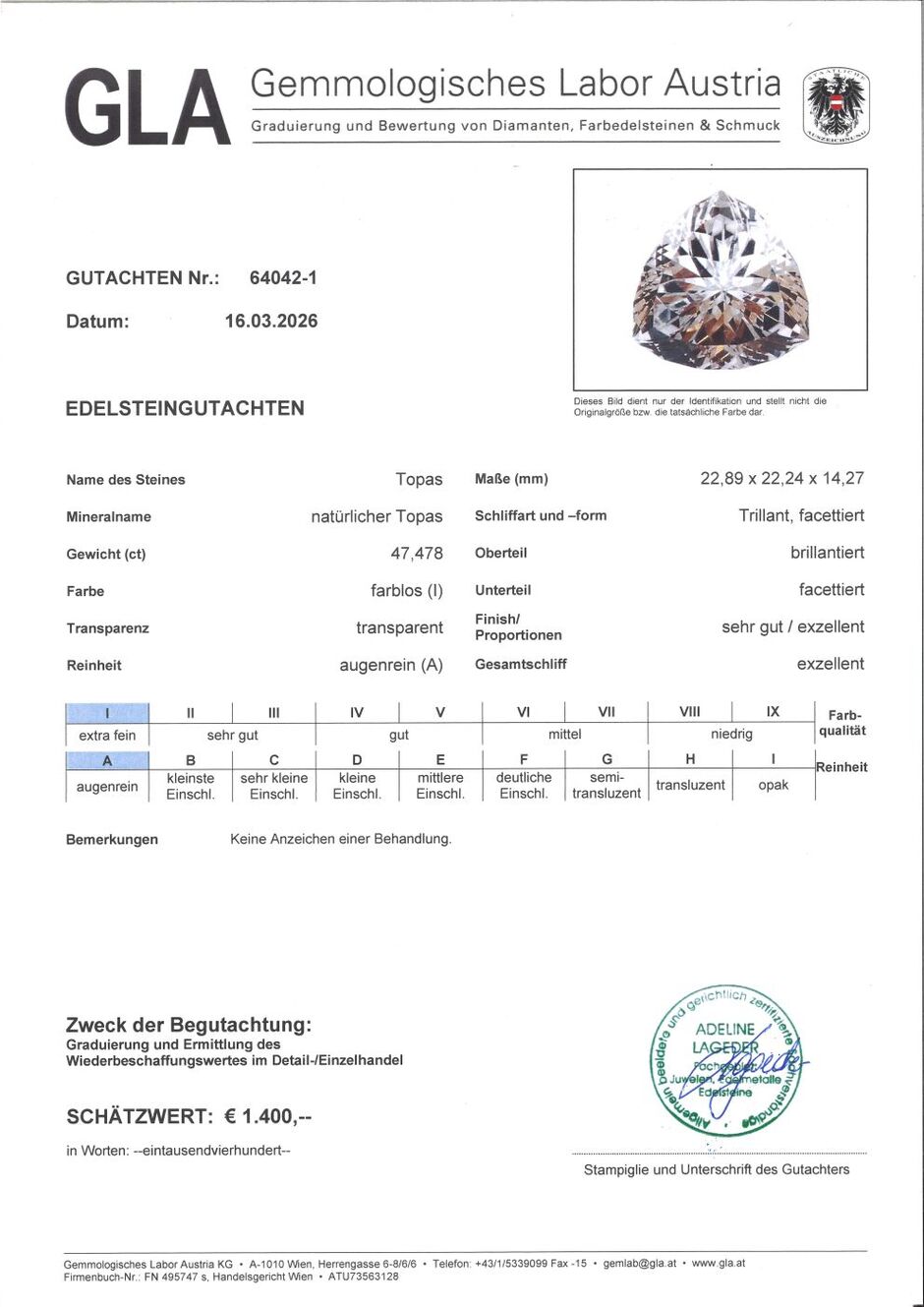 Gutachten zu Topas Trillion farblos 47,47 ct