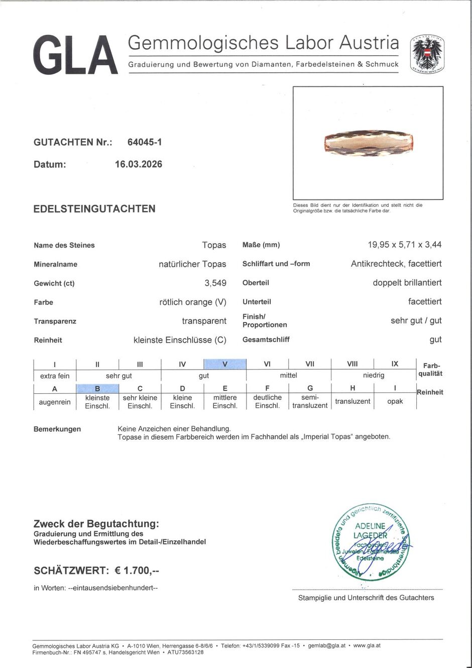 Gutachten zu Imperial-Topas cushion 3.54 ct
