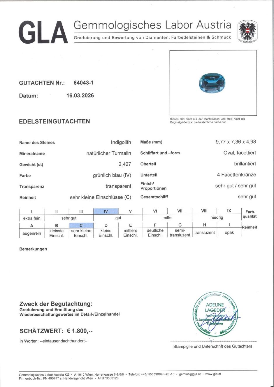 Gutachten zu Indicolite Tourmaline oval blue 2.42 ct.