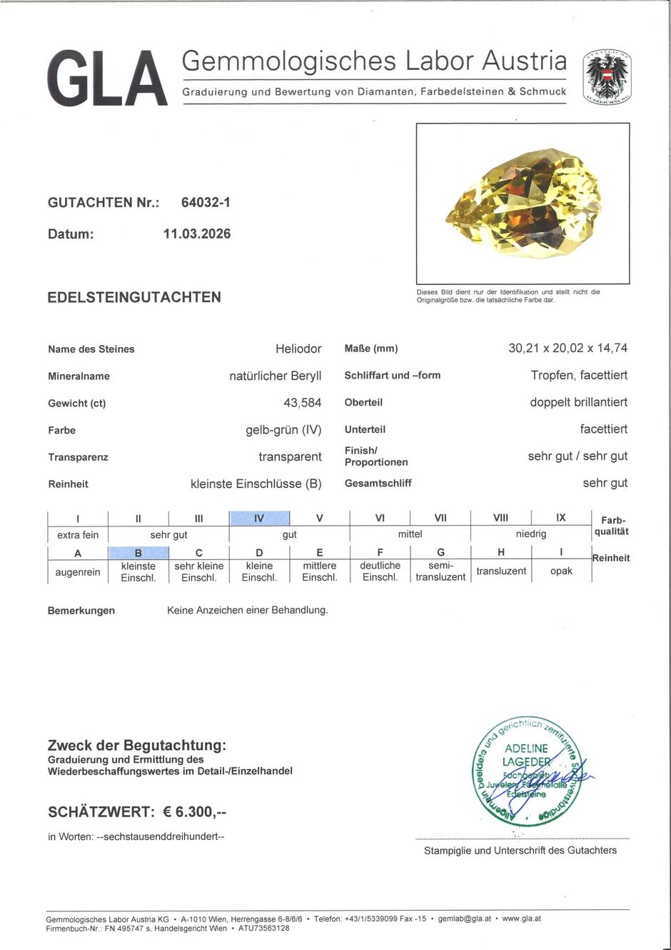 Gutachten zu Heliodor Beryll pear greenish yellow untreated 43.58 ct.