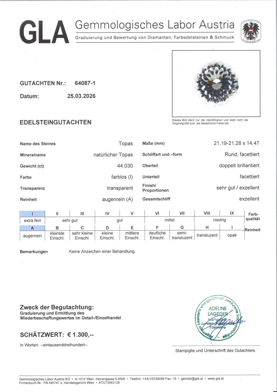 Gutachten zu Topas rund farblos unbehandelt 44,03 ct