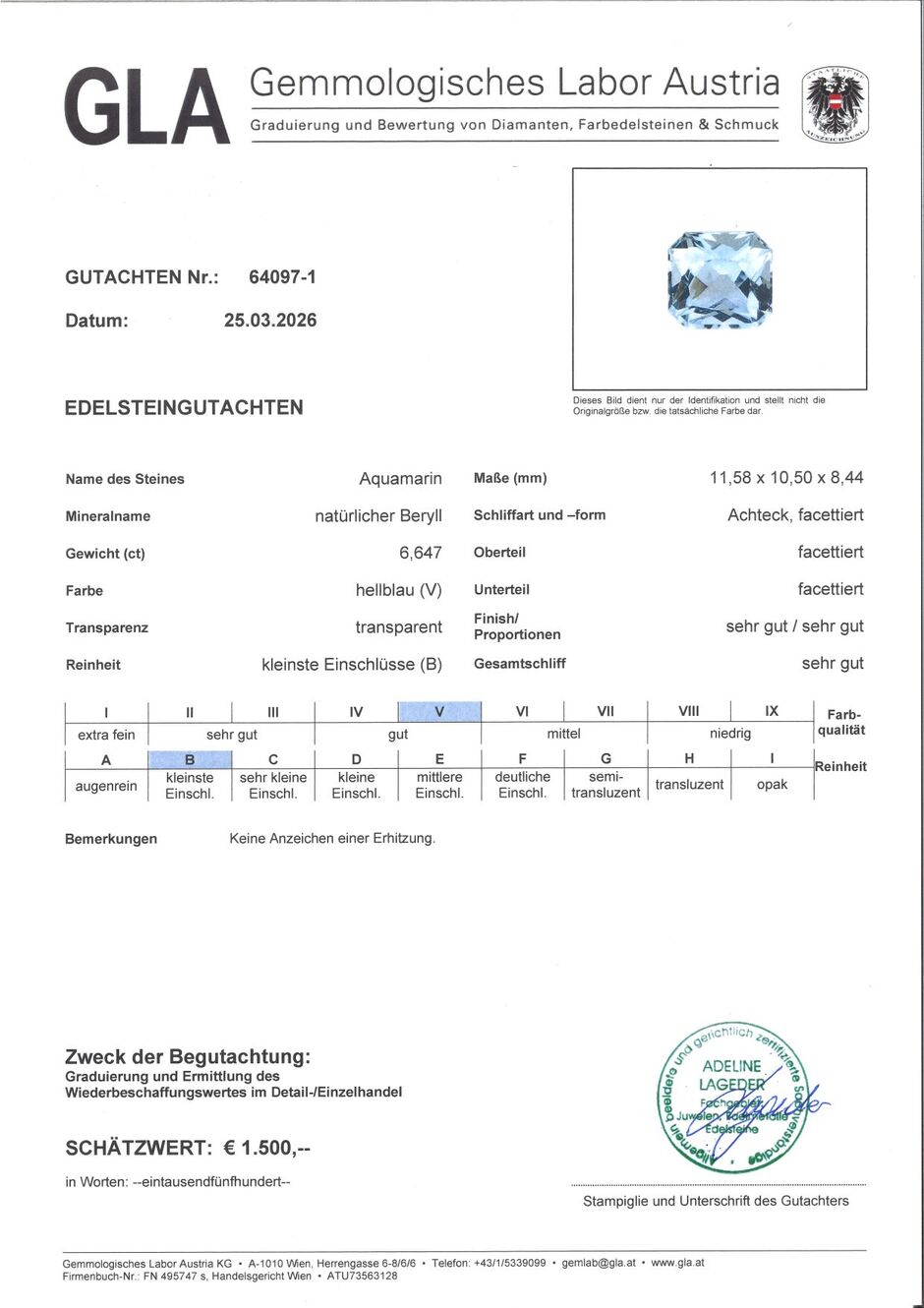 Gutachten zu Aquamarin octagon hellblau unbehandelt 6,64 ct