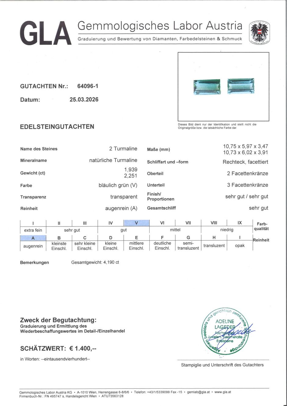 Gutachten zu Turmalin Duo Baguette bläulich-grün 4,19 ct.