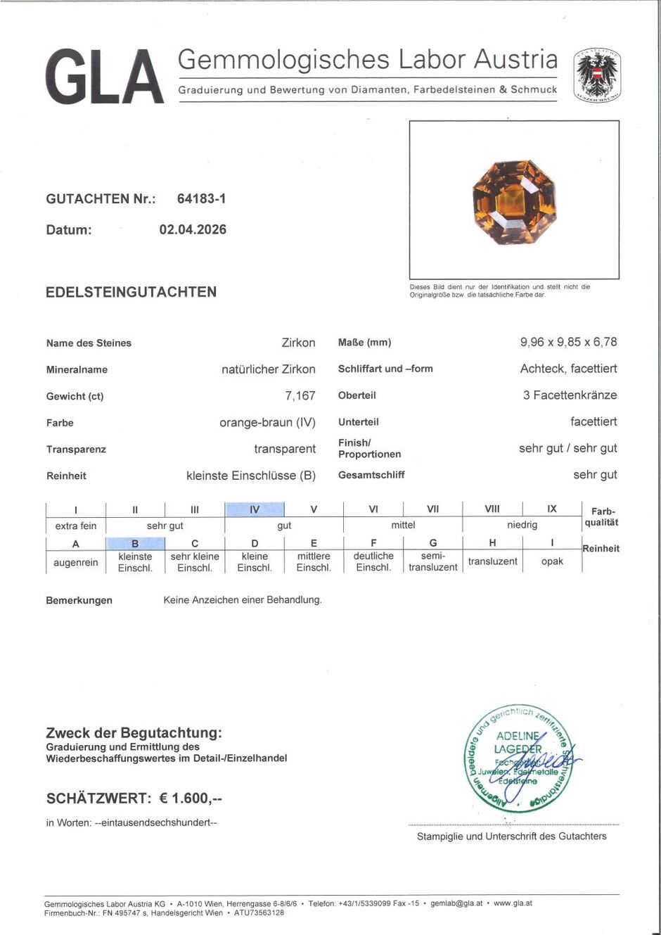 Gutachten zu Zircon design-octagon dark orange 7.16 ct