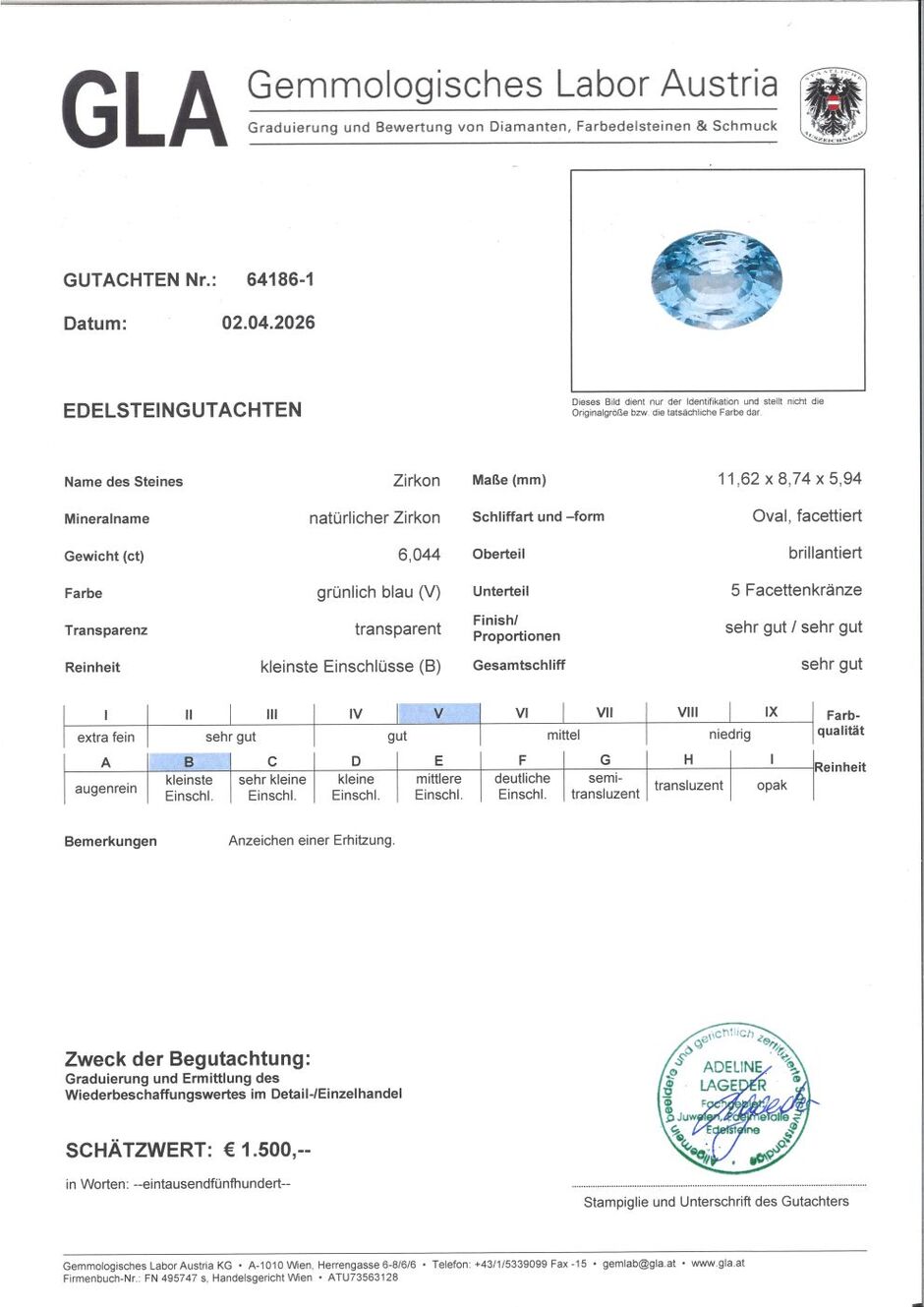 Gutachten zu Zircon oval intense light blue 6.04 ct