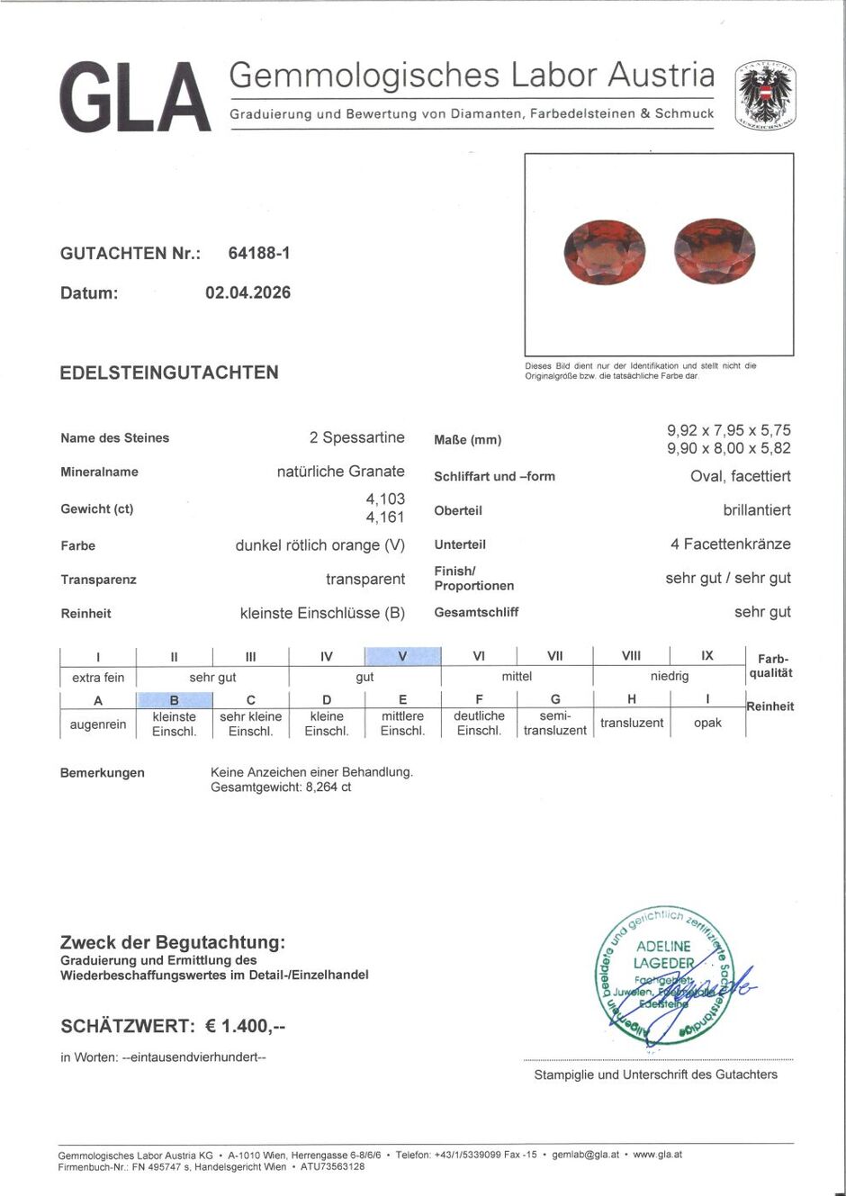Gutachten zu Spessartine Garnet Pair oval orange red 8.26 ct.