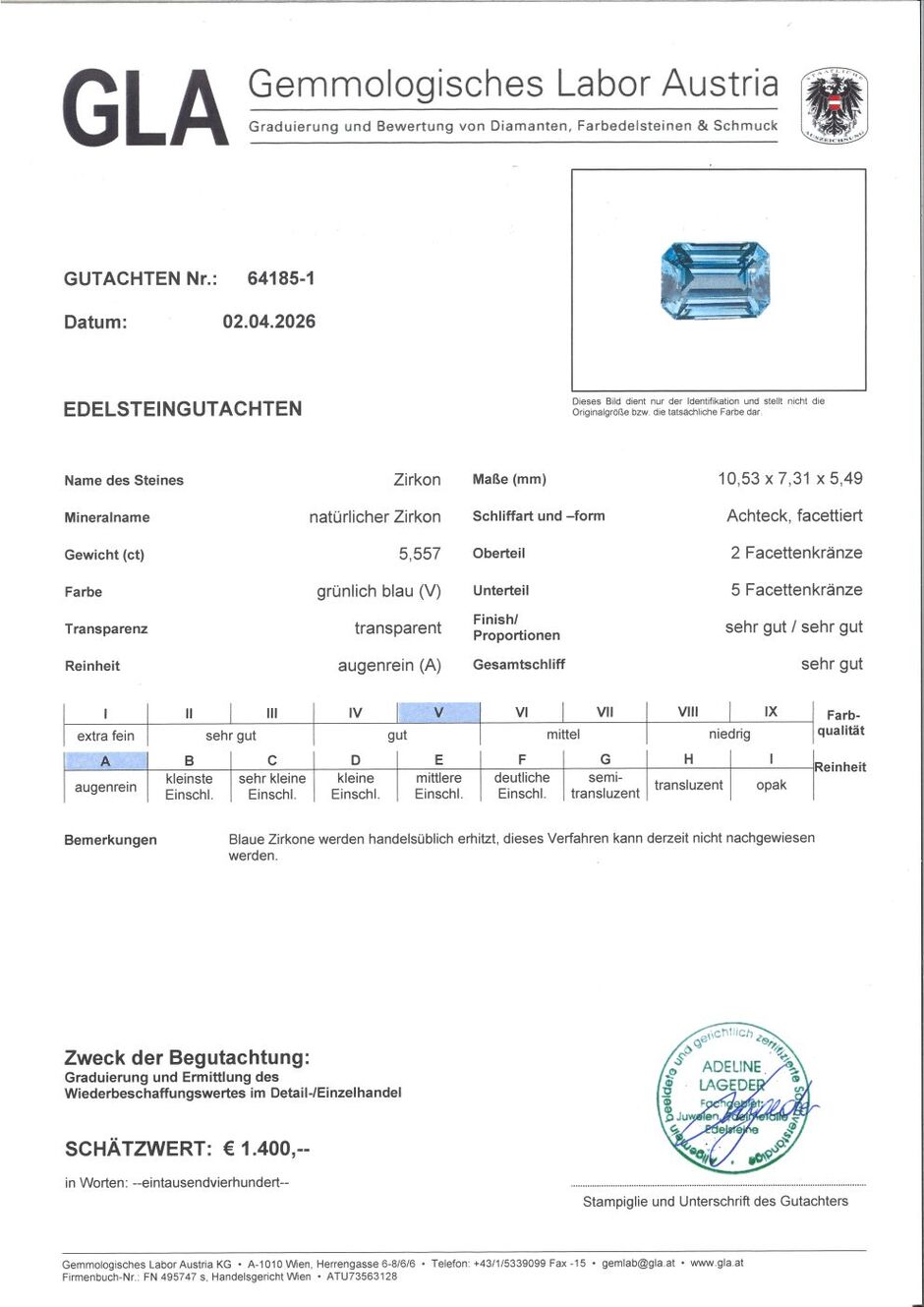 Gutachten zu Zircon octagon blue 5.55 ct