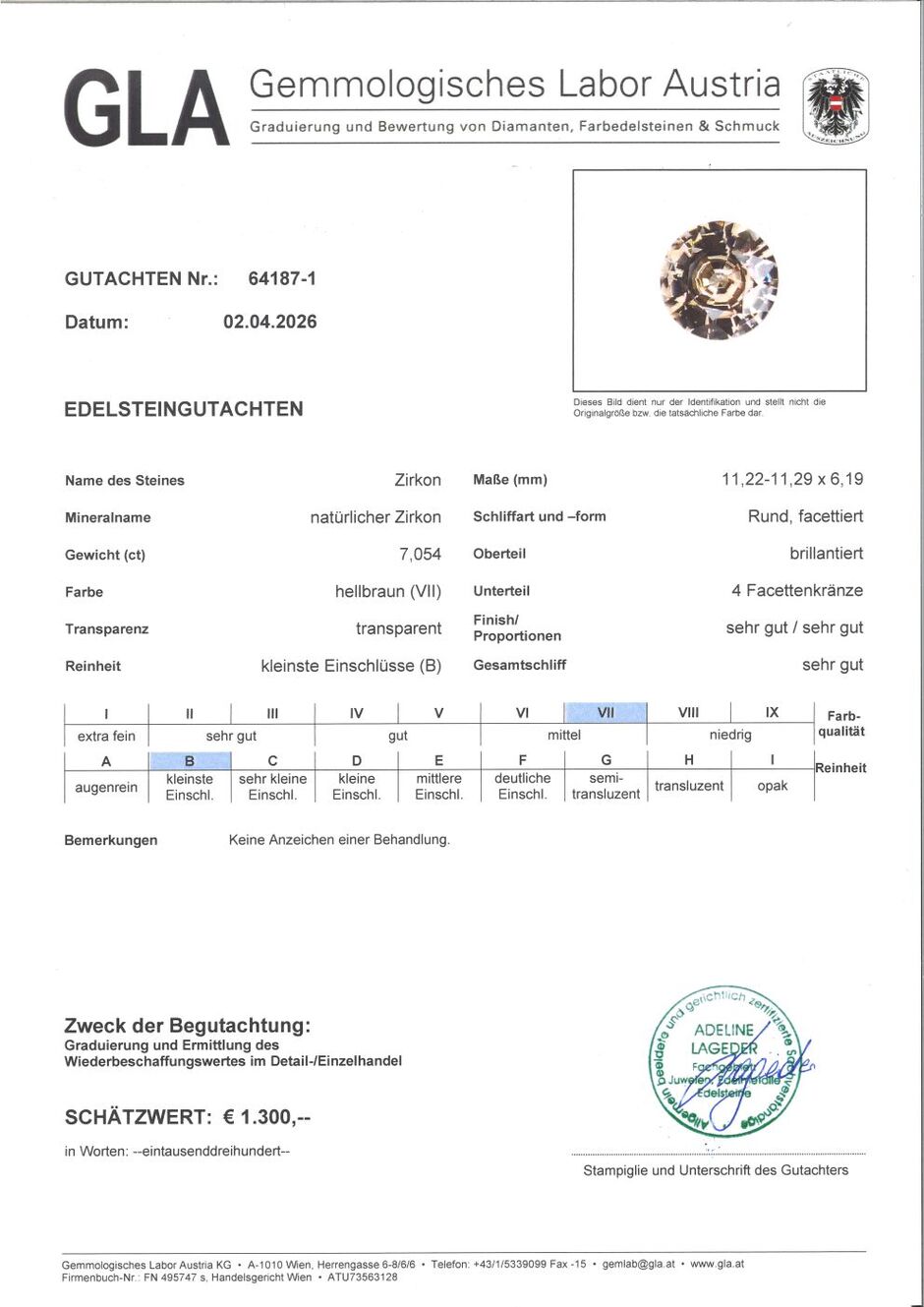 Gutachten zu Zircon round light brown 7.05 ct