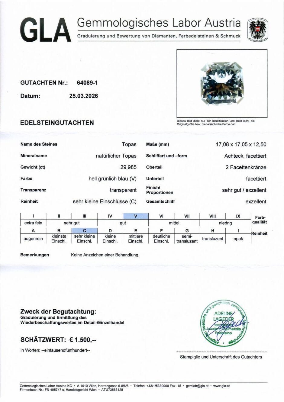 Gutachten zu Topas Design-Achteck hellblau unbehandelt 29,98 ct.