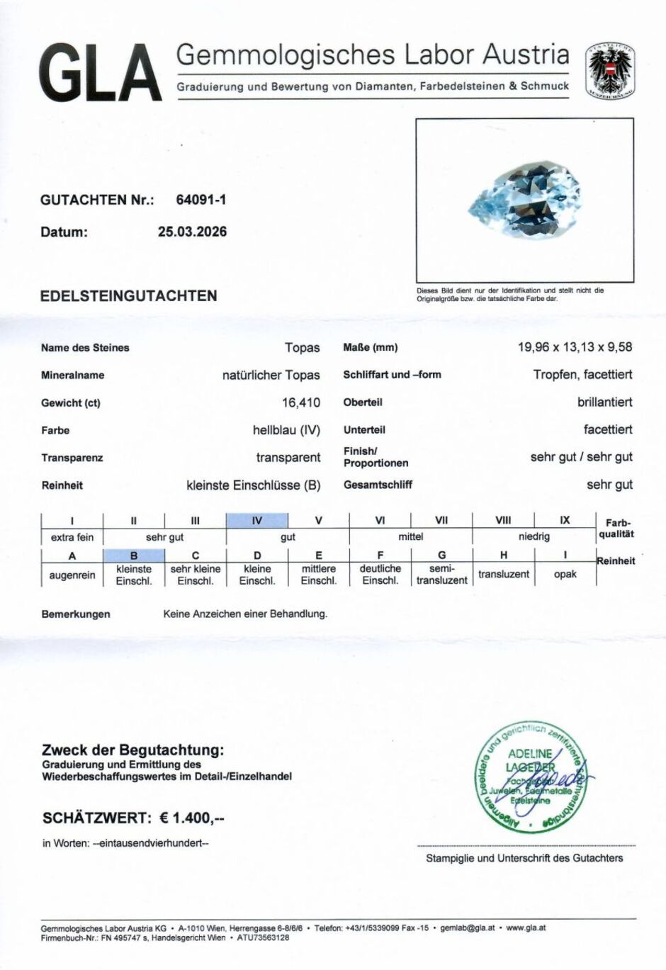 Gutachten zu Topas Tropfen hellblau unbehandelt 16,41 ct.