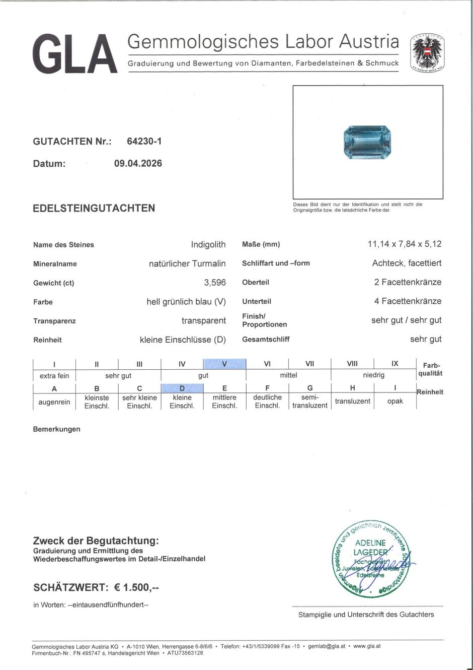 Gutachten zu Indigolith Turmalin octagon grünlich hellblau 3,59 ct.