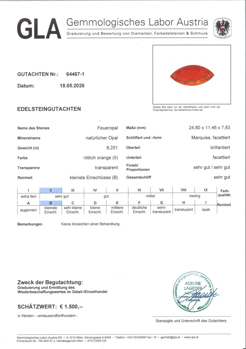 Gutachten zu Feueropal Navette orangerot 8,25 ct.