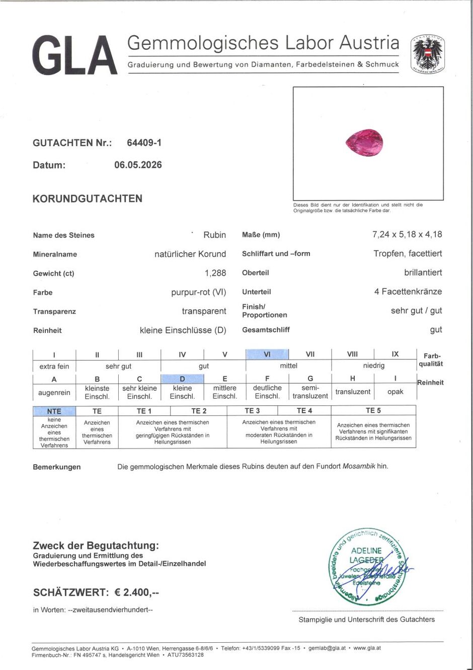 Gutachten zu Rubin Tropfen purpurrot unbehandelt 1,28 ct.