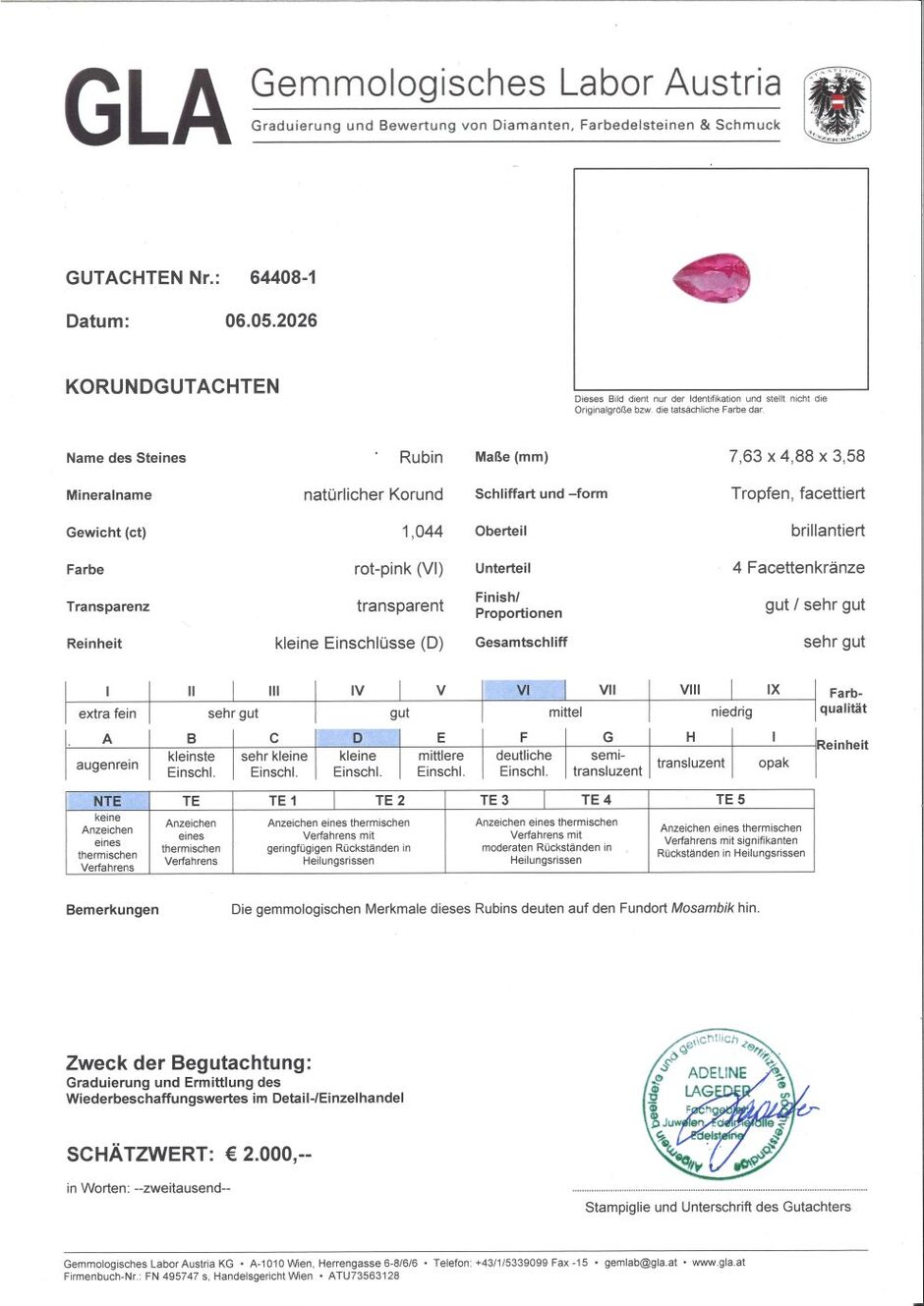 Gutachten zu Rubin Tropfen pink-rot unbehandelt 1,04 ct.