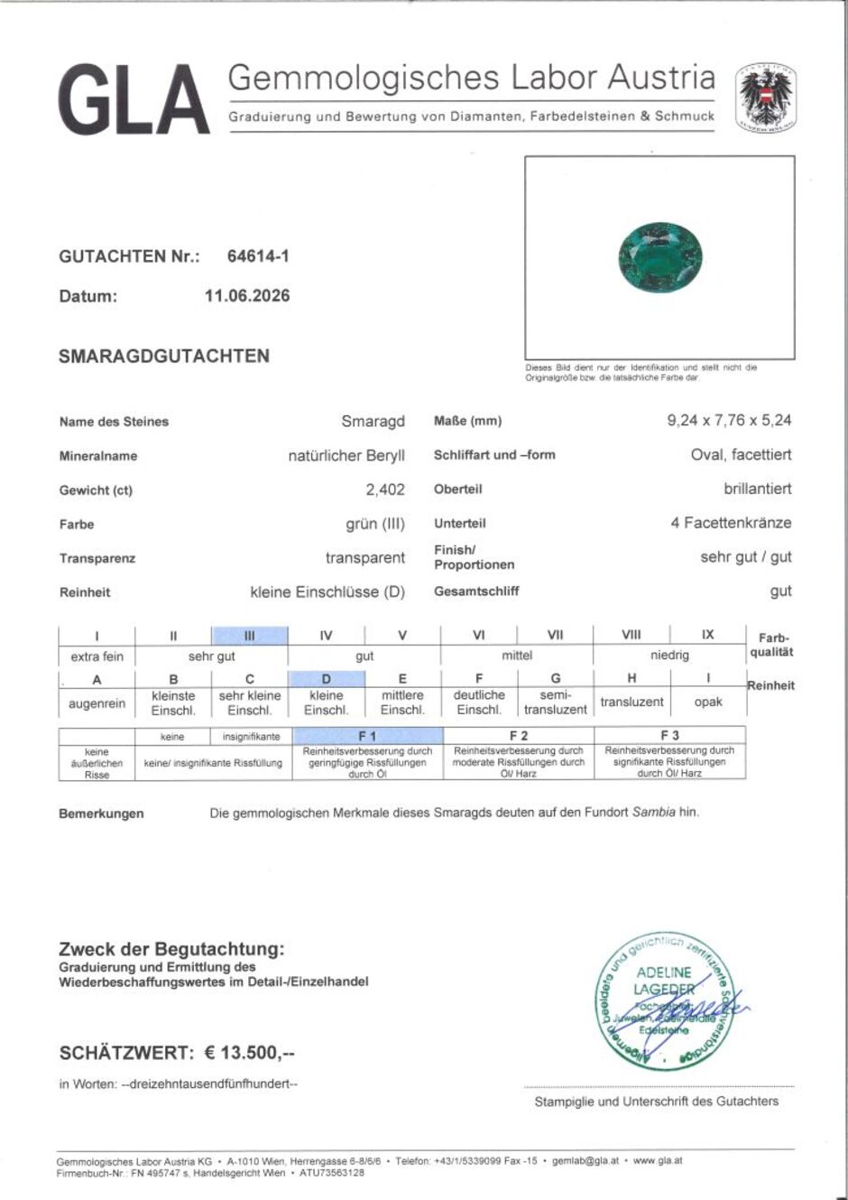 Gutachten zu Smaragd oval intensives Grün 2,40 ct.
