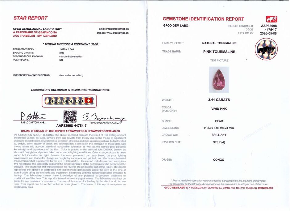 Gutachten zu Rubellit Turmalin Tropfen rosarot 3,11 ct.